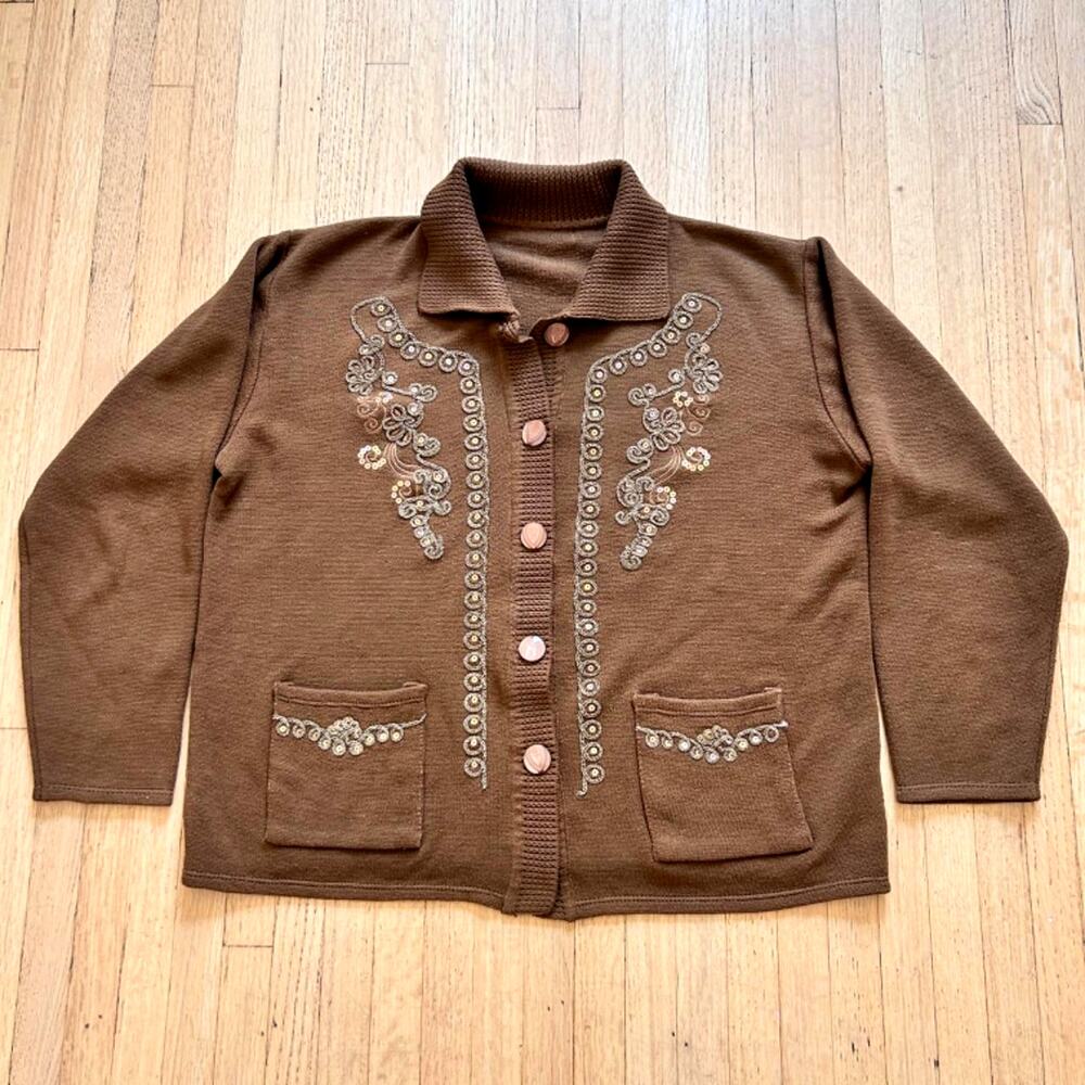 Brown Vintage Boho Cardigan Sweater Beaded Knit embroidery Women Sz Large